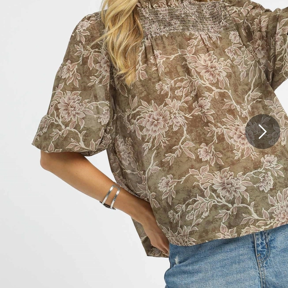 UMGEE SOFT Brown Floral Smocked-Neck Peasant Blouse with Pink Accents.